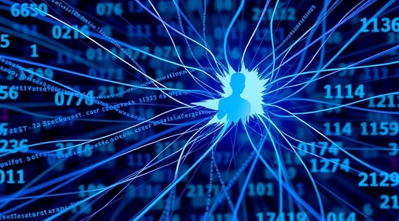 Abstrakcja danych w chłodnych barwach, pęknięcie i duch, symbolizująca wyciek i phishing.