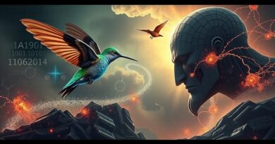 Koliber (OpenAI) walczy z śpiącym tytanem (Google) w cyfrowym krajobrazie, symbolizując rywalizację AI.