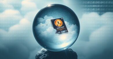 Kryształowa kula odbija fragment reklamy, otoczona binarnym kodem – metafora ulotnego zaufania w technologii.