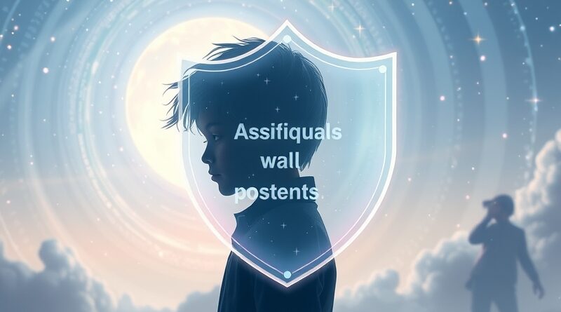 Świecąca tarcza chroni sylwetkę dziecka przed szkodliwym wpływem treści internetowych, na tle cyfrowego chaosu.