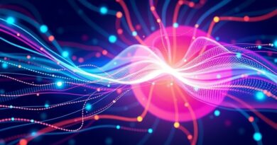 Abstrakcyjna reprezentacja AI: tekst i obrazy splecione w barwnych strumieniach, symbolizujące innowację i jedność danych.