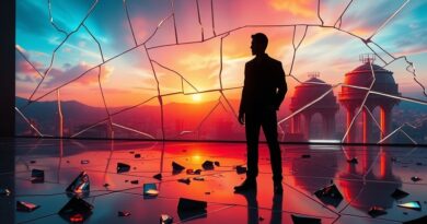Pęknięcia erozji zaufania na cyfrowym krajobrazie, osamotniona sylwetka, kuszące oferty zmieniające się w oszustwa.