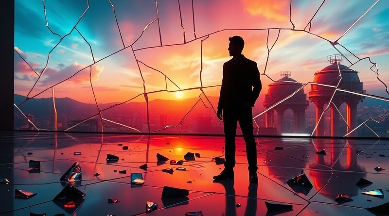 Pęknięcia erozji zaufania na cyfrowym krajobrazie, osamotniona sylwetka, kuszące oferty zmieniające się w oszustwa.