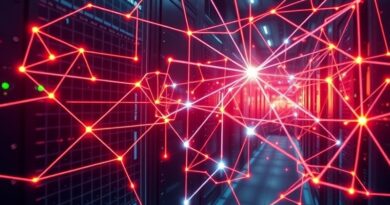 Abstrakcyjna sieć danych z pulsującą energią między serwerami i mikroczipami.