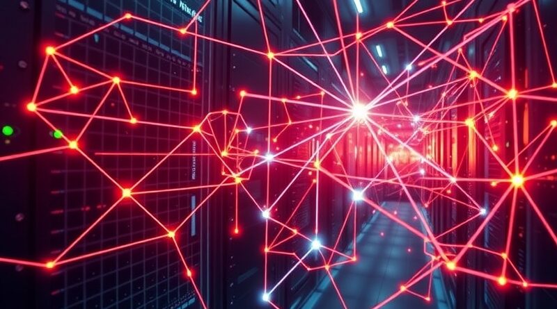 Abstrakcyjna sieć danych z pulsującą energią między serwerami i mikroczipami.