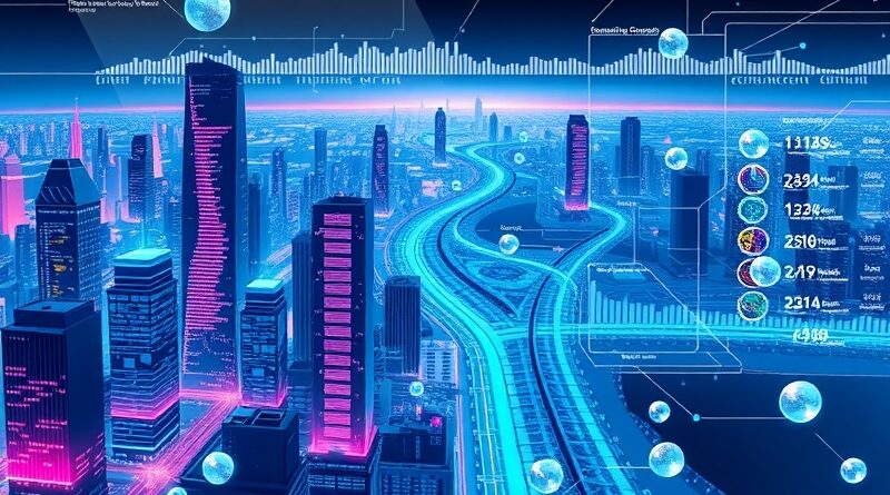 Abstrakcyjne, futurystyczne miasto danych; holograficzny pulpit z analityką w czasie rzeczywistym w chłodnej palecie barw.