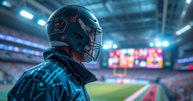 Wolumetryczna transmisja sportowa z aurą sportowca na bazie sensorów autonomicznych pojazdów, rozmyte tło stadionu.