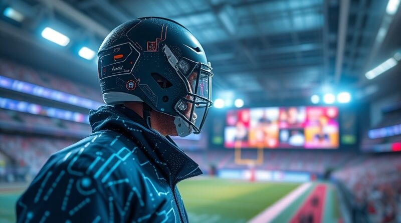 Wolumetryczna transmisja sportowa z aurą sportowca na bazie sensorów autonomicznych pojazdów, rozmyte tło stadionu.