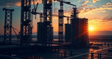 Abstrakcyjna budowa centrum danych AI wyłaniająca się z kodu binarnego, w palecie wschodu słońca.