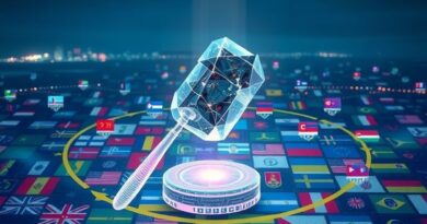 Rozbity, eteryczny młotek sędziego nad cyfrowym krajobrazem z flagami stanów USA, symbolizujący spór o regulacje AI.