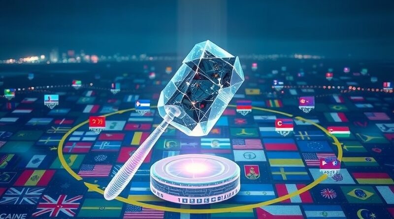 Rozbity, eteryczny młotek sędziego nad cyfrowym krajobrazem z flagami stanów USA, symbolizujący spór o regulacje AI.