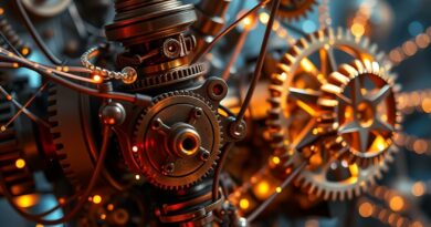 Steampunkowa maszyna marzy o sieciach neuronowych: zębatki, światłowody, strumienie danych. AI w produkcji.