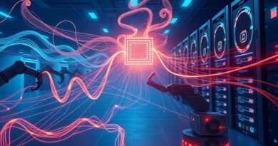 Futurystyczny krajobraz: roboticzne ramiona tkają pamięć z przędzy światła, fragment chipa dzieli się na konsumenta i serwer AI.