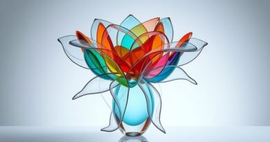 Wielowarstwowa szklana rzeźba w kształcie kwiatu, ilustrująca dekonstrukcję obrazu przez AI Qwen-Image-Layered.