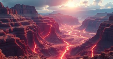 Abstrakcyjna wizualizacja AI: geotermalne złoża w Nevadzie jako pulsujące żyły energii w skałach.