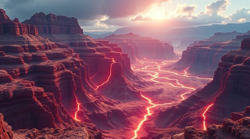 Abstrakcyjna wizualizacja AI: geotermalne złoża w Nevadzie jako pulsujące żyły energii w skałach.