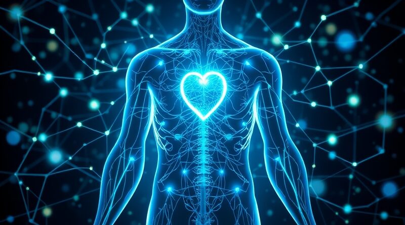 Futurystyczna sieć neuronowa integrująca się z ludzkim ciałem, symbolizująca rolę AI w poprawie zdrowia.