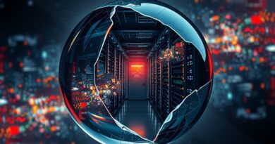 Pęknięta szklana kula odzwierciedla serwerownię i strumienie kodu, symbolizując zawyżoną wycenę Resolve AI.