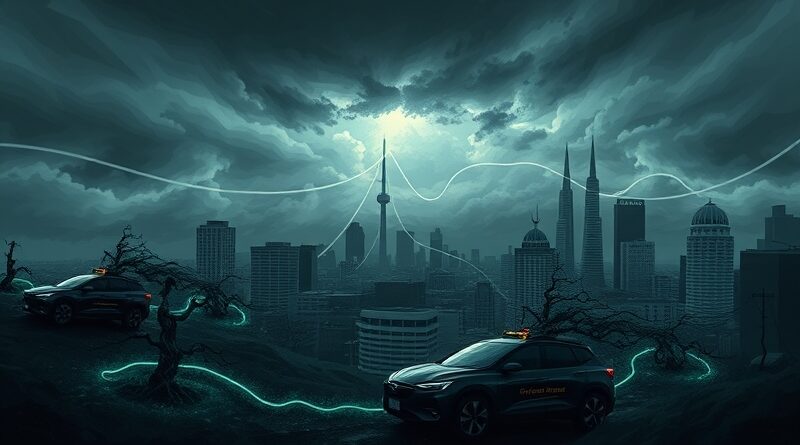 Sparaliżowane robotaksówki Waymo w ciemnym San Francisco oplecione kablami i roślinami. Burzowe niebo, awaria zasilania.