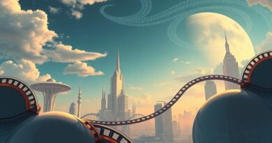 Surrealistyczny pejzaż miejski z płynnej rtęci przeobrażającej się w taśmę filmową pod niebem z sieci neuronowych.