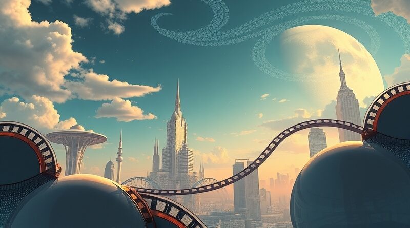 Surrealistyczny pejzaż miejski z płynnej rtęci przeobrażającej się w taśmę filmową pod niebem z sieci neuronowych.