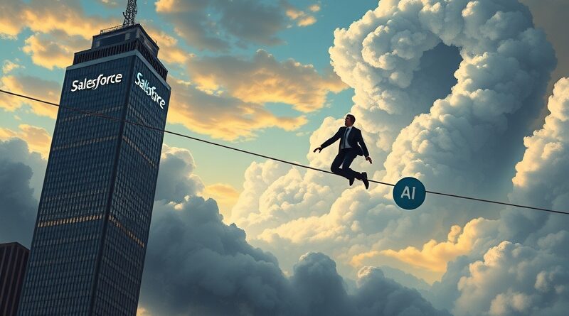 Biznesmen na linie między Salesforce a chmurą pytajnika, balansujący AI. Innowacja vs. ryzyko.