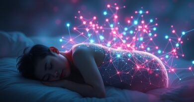 Świecąca sieć neuronów na sylwetce śpiącego człowieka symbolizuje konsolidację wiedzy w sztucznej inteligencji.