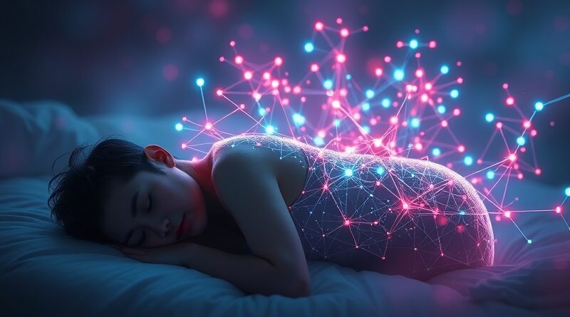 Świecąca sieć neuronów na sylwetce śpiącego człowieka symbolizuje konsolidację wiedzy w sztucznej inteligencji.