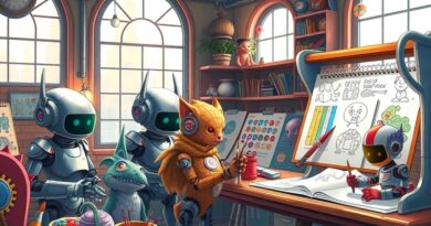 Fantazyjny warsztat: roboty i mityczne stworzenia tworzą spersonalizowane kolorowanki dla dzieci. Splat - kreatywna zabawa z AI.