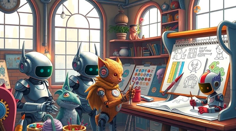 Fantazyjny warsztat: roboty i mityczne stworzenia tworzą spersonalizowane kolorowanki dla dzieci. Splat - kreatywna zabawa z AI.
