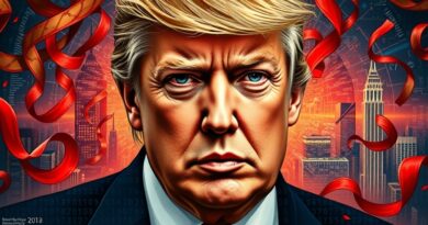 Rozbity, kubistyczny portret Trumpa w cyfrowym chaosie, na tle futurystycznej panoramy, symbolizujący konflikt wokół regulacji AI.