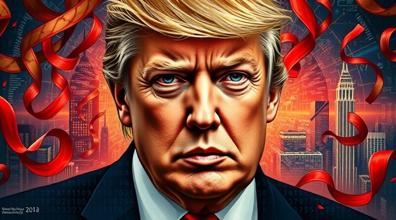 Rozbity, kubistyczny portret Trumpa w cyfrowym chaosie, na tle futurystycznej panoramy, symbolizujący konflikt wokół regulacji AI.