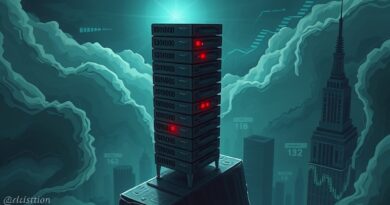 Chwiejąca się wieża serwerów na Wall Street symbolizuje ryzyko w branży AI.