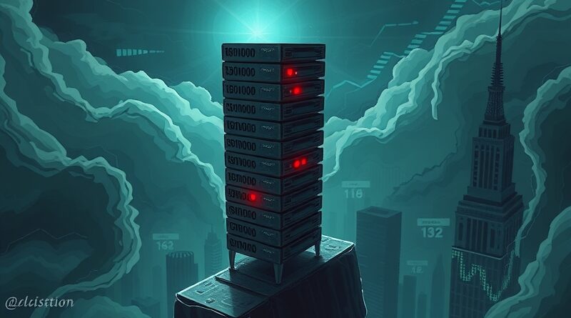 Chwiejąca się wieża serwerów na Wall Street symbolizuje ryzyko w branży AI.