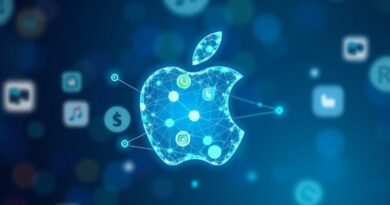 Eteryczna sieć węzłów w kształcie jabłka, z ikonami aplikacji, symbolizuje obecność AI w aplikacjach Apple.