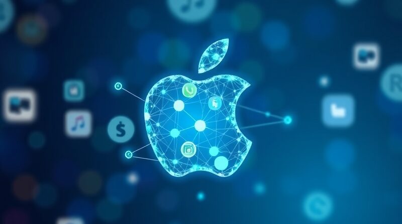 Eteryczna sieć węzłów w kształcie jabłka, z ikonami aplikacji, symbolizuje obecność AI w aplikacjach Apple.