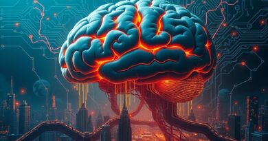 Kolosalny mózg AI ogarnia miasta strumieniami danych, symbolizując autonomiczne cyberataki i zagrożenia cyfrowe.