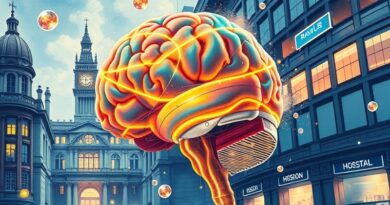 Świecący mózg spleciony z architekturą brytyjskich szpitali, akwarela w stylu pointylizmu, fuzja technologii i zdrowia.