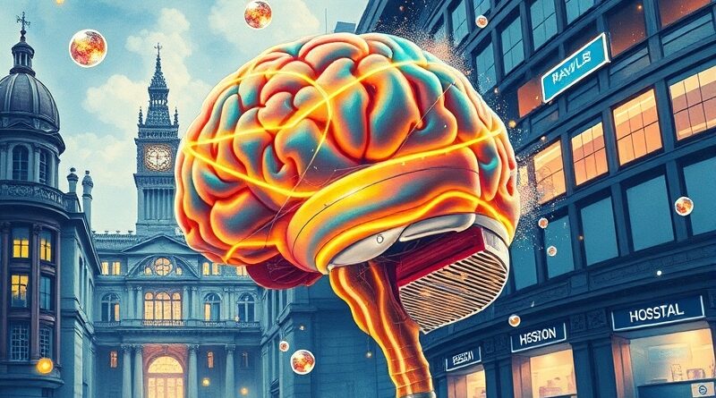 Świecący mózg spleciony z architekturą brytyjskich szpitali, akwarela w stylu pointylizmu, fuzja technologii i zdrowia.