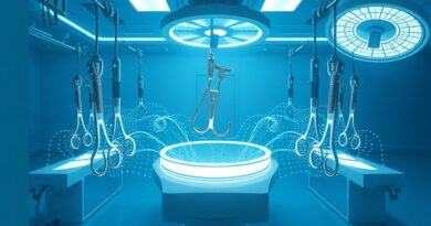 Surrealistyczna sala operacyjna: unoszące się instrumenty, hologramy danych i subtelna obecność AI.