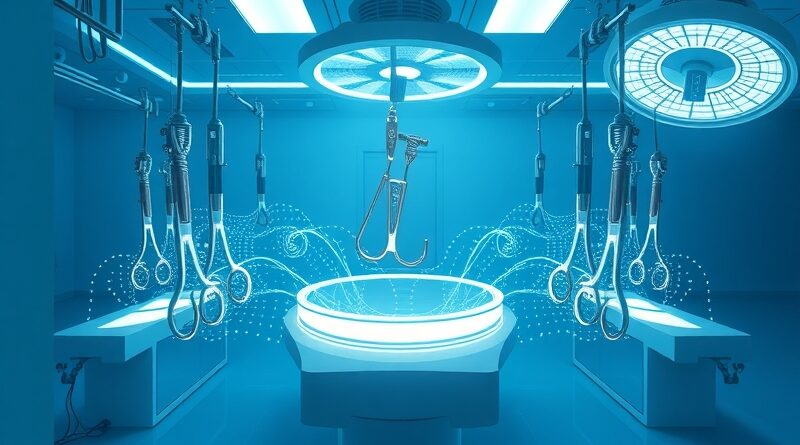 Surrealistyczna sala operacyjna: unoszące się instrumenty, hologramy danych i subtelna obecność AI.