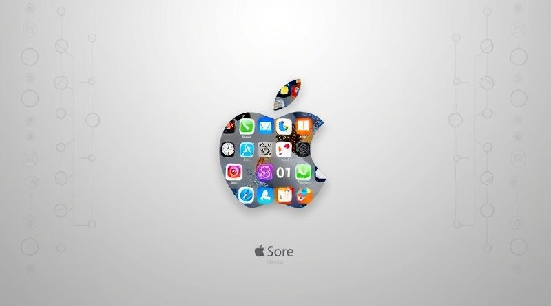 Futurystyczne logo Apple złożone z ikon aplikacji, symbolizuje rolę AI w App Store.