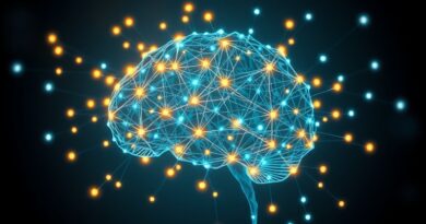 Cyfrowy mózg z węzłami-tokenami wizualizuje architekturę modelu Transformer T5Gemma 2 z długimi sekwencjami wejściowymi.