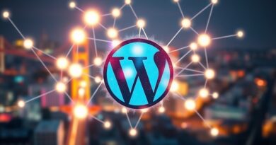 Abstrakcyjna sieć neuronowa na tle logo WordPress, z San Francisco w tle.