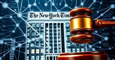 Klin sędziowski uderza w pikselizujący się budynek NYT na tle sieci danych i sztucznej inteligencji.