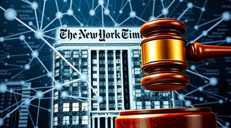 Klin sędziowski uderza w pikselizujący się budynek NYT na tle sieci danych i sztucznej inteligencji.