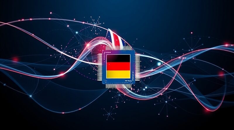 Abstrakcyjne połączenie danych w kwantowy procesor, symbolizujące współpracę UK-Niemcy w komputeryzacji kwantowej.