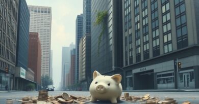Opustoszała ulica dzielnicy finansowej, symbol AI więdnący na budynku, rozbita skarbonka i rozsypane monety.
