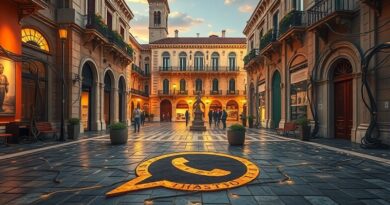 Surrealistyczny włoski plac z cyfrowymi kablami, uszkodzonym logo WhatsApp i aluzjami do AI.