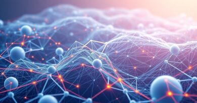 Abstrakcyjny krajobraz sieci neuronowej, odzwierciedlający koncepcję "modelu świata". Symbol AI i potencjału Advanced Machine Intelligence.